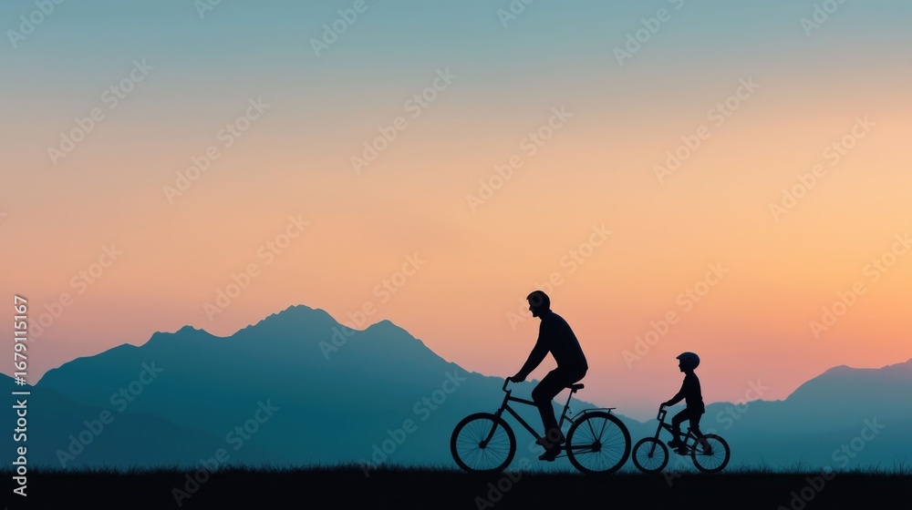 Fototapeta premium Silhouette of a father guiding and encouraging his child to ride a bicycle in a scenic mountain landscape at sunset embodying the joy of learning and time between