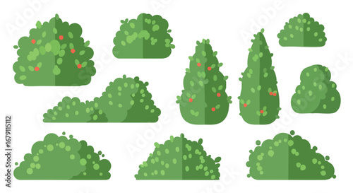 Stylized Green Bushes and Shrubs Collection for Garden Design and Landscaping Elements Illustration, Representing Plant Variety and Growth in Vector
