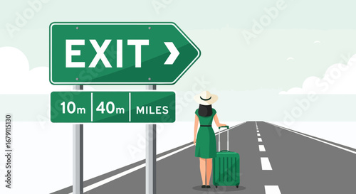 Woman With Suitcase Exiting Road, Travel Direction, Signage, Destination, Journey Ahead