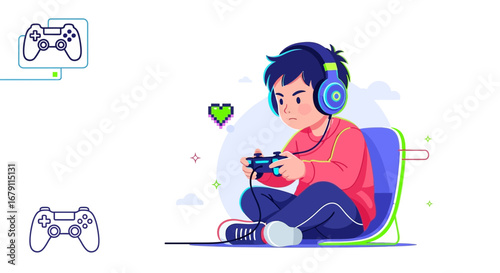 Young Boy Immersed In Gaming Entertainment With Headset And Controller Playing Games