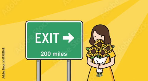 Woman With Sunflowers Near Exit Sign Symbolizing Journey And Future Destination