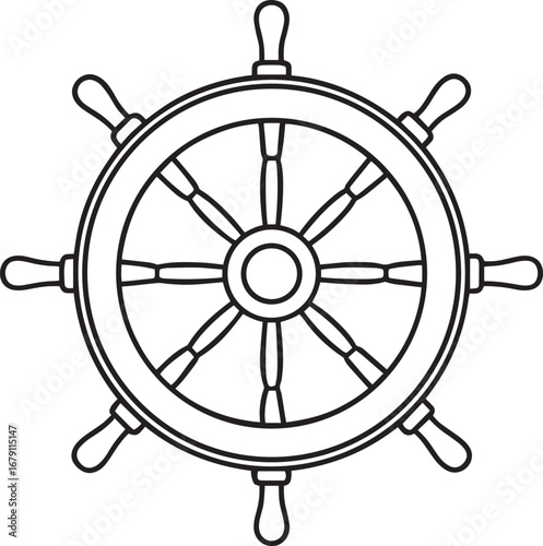 Vintage ship wheel outline vector illustration, line art