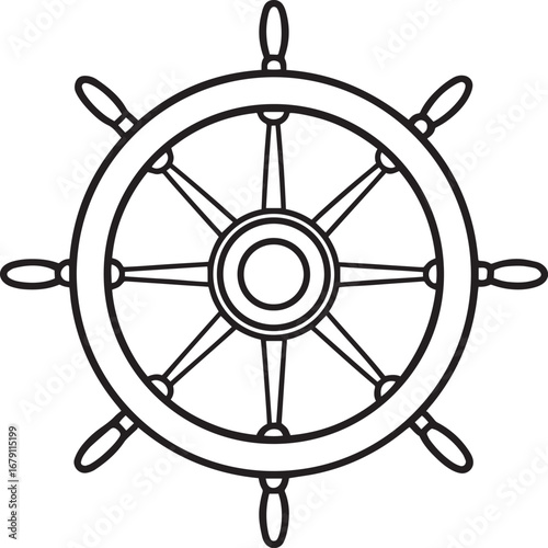 Vintage ship wheel outline vector illustration, line art