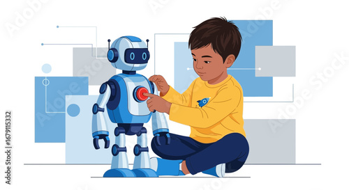 Young Boy Interacting And Activating A Friendly, Cute, Futuristic Robot Illustration
