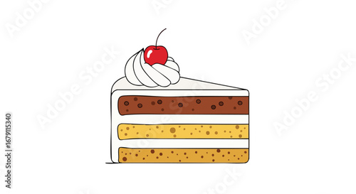 Cartoon slice of layered cake with a cherry and cream for dessert delight representation