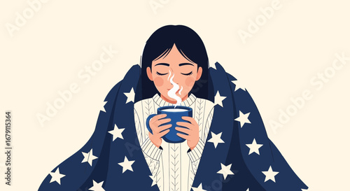 Woman Wrapped In A Cozy Blanket Enjoying A Warm Beverage Dreaming Under The Stars