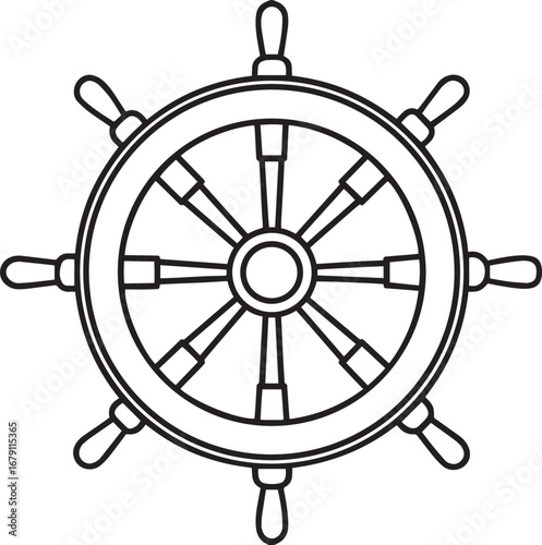 Vintage ship wheel outline vector illustration, line art