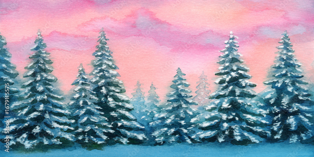 Obraz premium Watercolor landscape. Fir trees in a winter forest