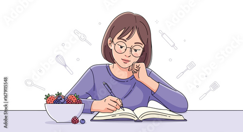 Woman Writing Recipe With Fresh Fruit, Kitchen Tools And Cookery Book Sketching