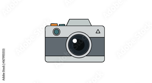 Stylized illustration of a retro-inspired camera with a flat design aesthetic on a stark white background capturing the essence of vintage