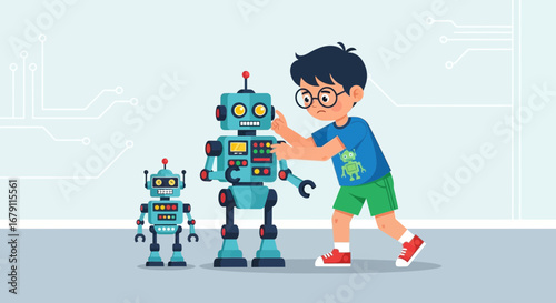 Young Boy Interacting With Robots Cartoon Illustration About Technology And Future World Innovations