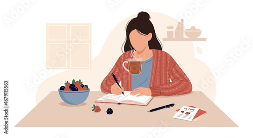 Woman Writing Recipes With Coffee and Berries for a Healthy Lifestyle