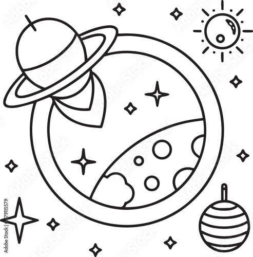 Space exploration outline vector illustration, line art