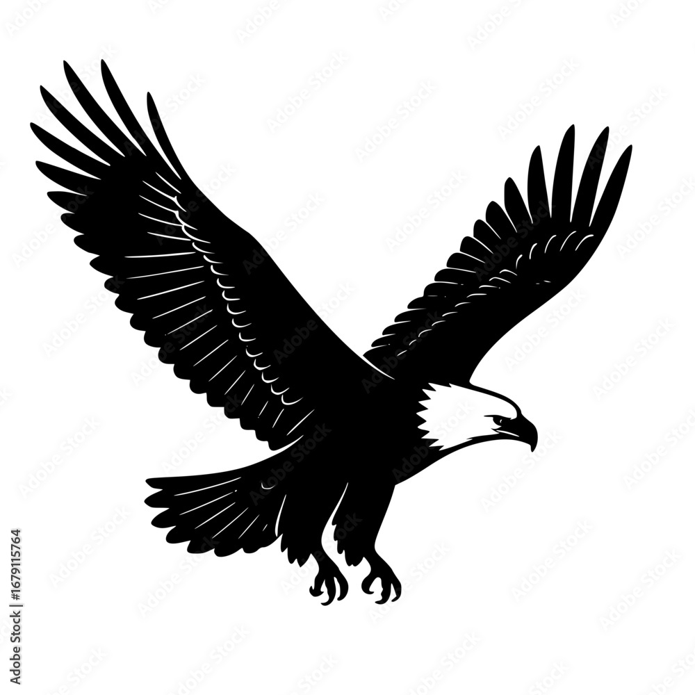 Fototapeta premium Black Silhouette Flying Eagle with Wide Wings Vector Isolated on White Background