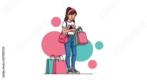 Woman's Retail Therapy Illustration: Shopping Bags and Joyful Expression in Modern Vector