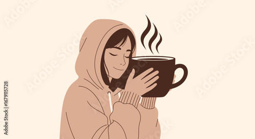Woman's Serene Moment: Enjoying A Steaming Mug Of Delectable Coffee Comfort
