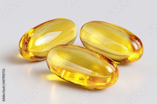 Three yellow gelatin capsules on a light gray surface