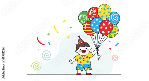 Young Boy Joyfully Celebrates Special Event With Colorful Balloons And Party Decorations