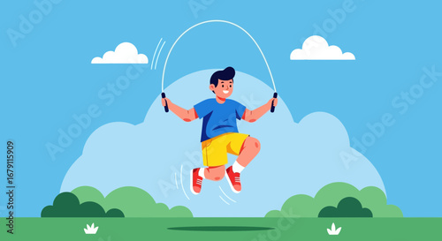 Young Boy Joyfully Jumping Rope on Sunny Day in a Lively Outdoor Setting
