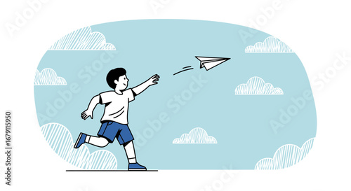 Young Boy Joyfully Launches Paper Airplane Against Azure Backdrop Of Clouds And Sky