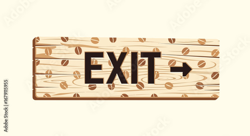 Wooden Signage Indicating Exit Direction Embellished With Coffee Bean Motifs In Vector