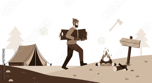 Woodsman Carries Firewood Towards Campfire and Tent for Winter Camping Adventure