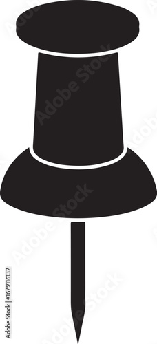 A simple black silhouette of a pushpin also known as a thumbtack with a sharp point and a wide head for easy handling