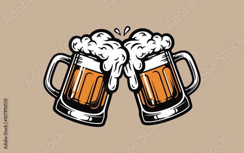 Two frothy beer mugs clinking together in celebration