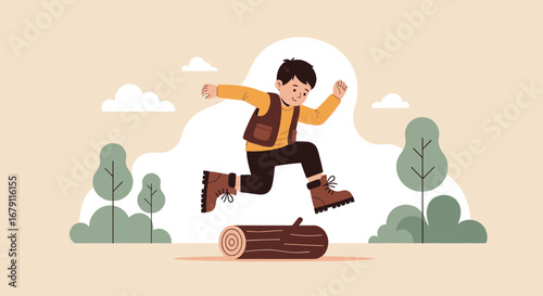 Young Boy Jumping Over Log in Park During Summertime with Green Trees in the Background