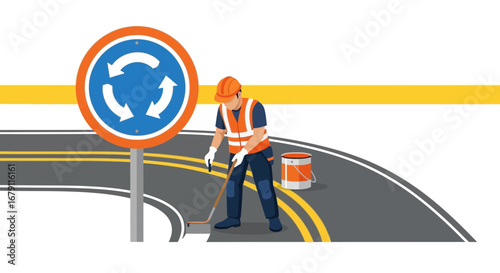 Worker Painting Road Lines Near Roundabout Sign, Symbolic Illustration of Construction Activity
