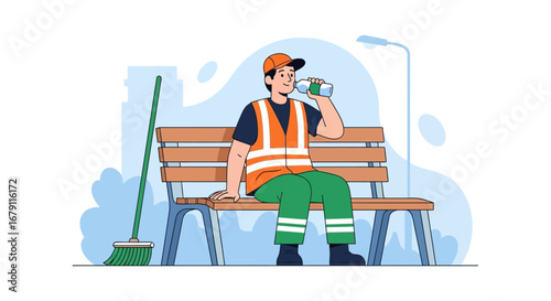 Worker Relaxing While Drinking Water On The Street Bench, Resting From Labor