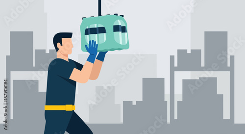 Worker Transportation Mineral Water Boxes In An Urban Metropolis And Cityscape Illustration