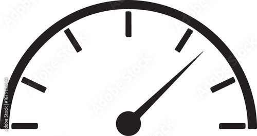 Simple black and white illustration of a speedometer dial with a needle pointing to a moderate speed representing performance and measurement
