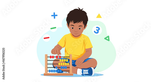Young boy learning math with an abacus demonstrating education and calculation skills