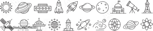 Space and Astronomy Icons: Planets, Rockets, and Observatories
