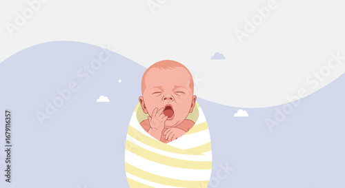 Yawning Infant Wrapped In Swaddling Clothes With Pastel-Colored Background Illustration