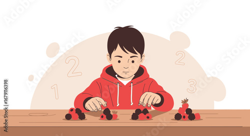 Young Boy Learns Counting With Fresh Fruits Creating Organized Quantities, Visual Learning
