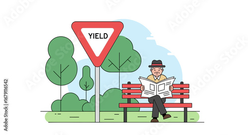 Yield Sign And Mature Man Reading Newspaper In Park Enjoying Peaceful Moment