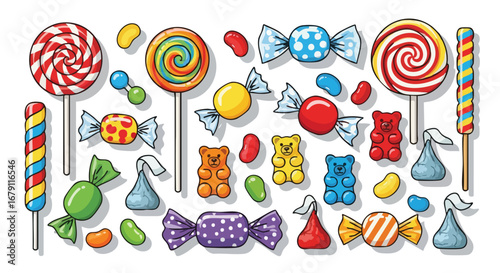 Vibrant assortment of sweets: lollipops, wrapped candies, gummy bears for festive backgrounds or joyful creative projects and design elements