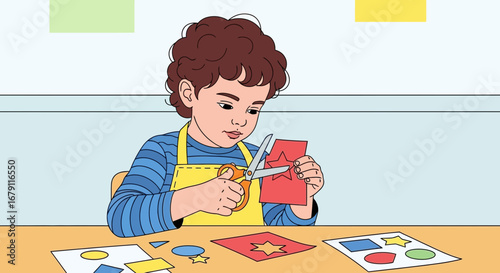 Young boy meticulously cutting a star shape from red paper with scissors at a table