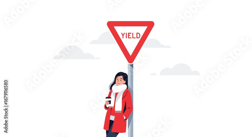 Yielding To Pause: Woman Underneath A Traffic Sign With Coffee, A Momentary Break