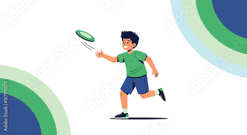 Young Boy Playfully Tossing Frisbee, Enjoying Leisure Outdoors, Sunny Day Fun, Illustration.