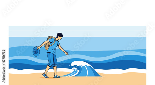 Young Adventurer Appears Mesmerized By The Approaching Oceanic Wave On Beach