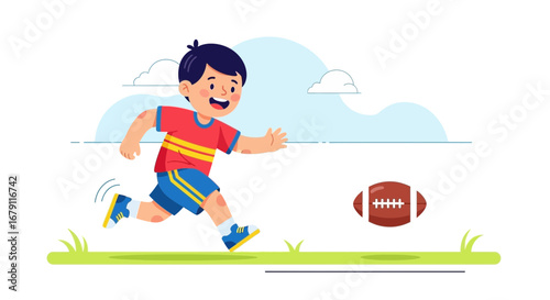 Young Boy Playing American Football Outdoors, Chasing The Ball With Enthusiasm And Joy