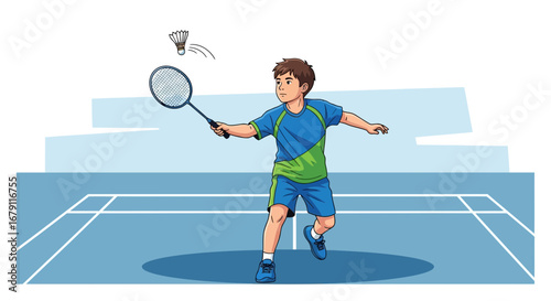 Young boy playing badminton on a court, striking with a racket and shuttlecock