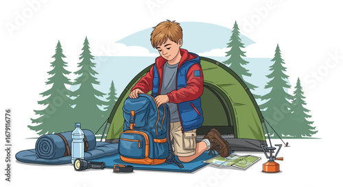 Young Adventurer Assembling Backpack Beside Tent, Forest Backdrop, Outdoor Recreation Scene