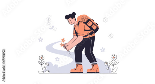 Young Adventurer Exploring Trail While Collecting Flowers, Discovering Nature's Beauty