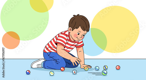 Young Boy Playing Marbles in the Playroom While Enjoying His Entertainment Time