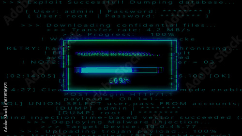 Cyber Attack Progress Bar With Glitch Effect And Code Background hacking loading
