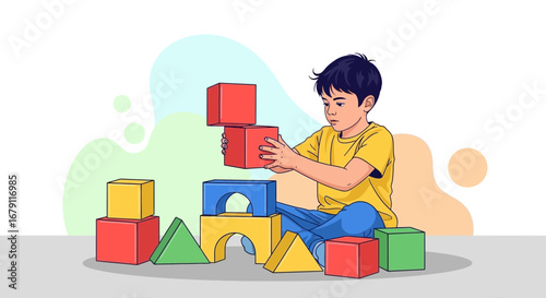 Young Boy Playing With A Colorful Block Set While Building And Constructing A Structure